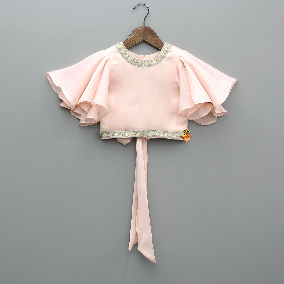 Peach Ruffle Sleeves Top With Shimmery Floral Lehenga And Attached Dupatta
