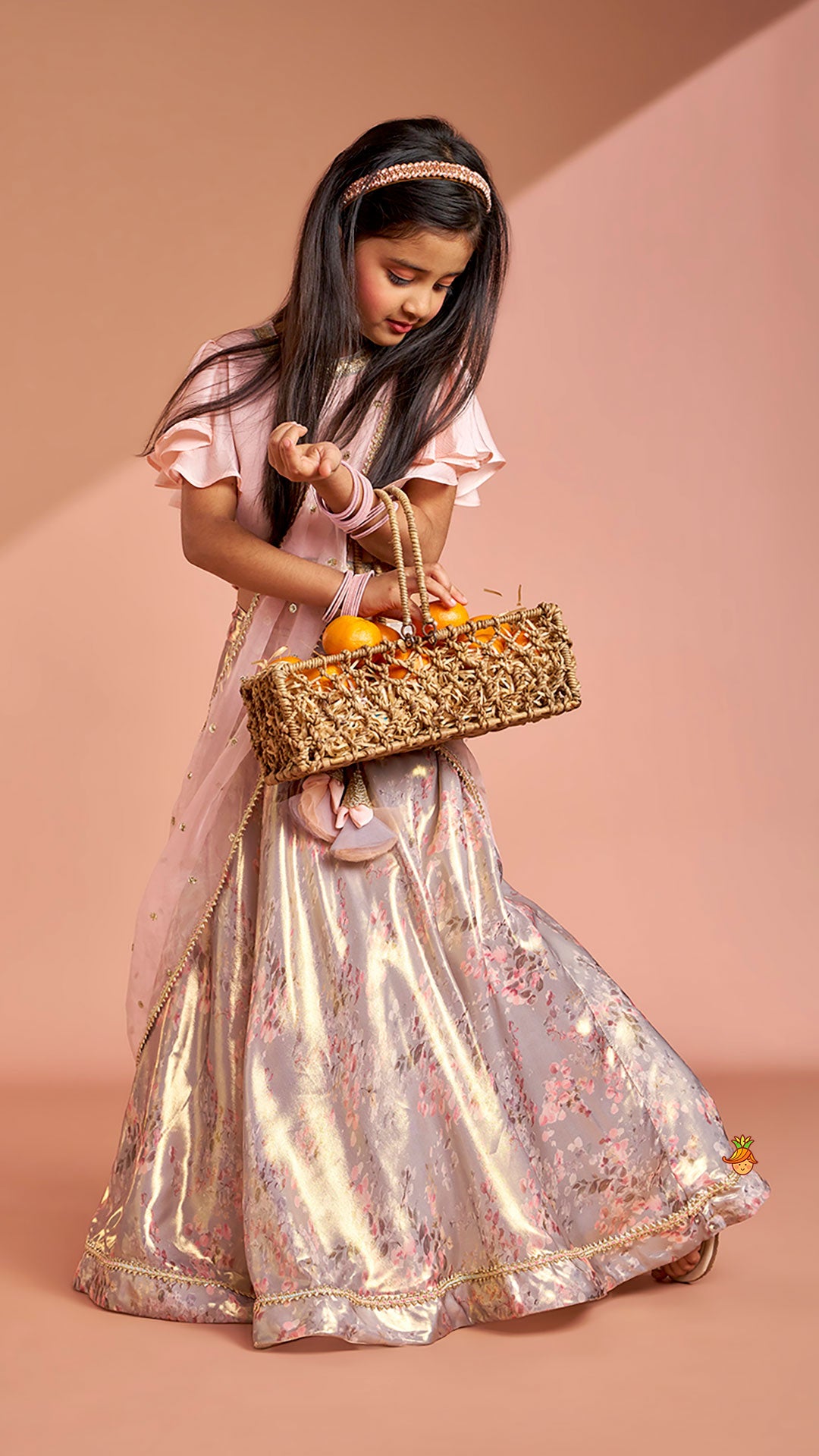 Peach Ruffle Sleeves Top With Shimmery Floral Lehenga And Attached Dupatta
