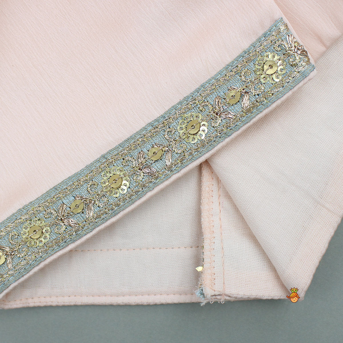 Peach Ruffle Sleeves Top With Shimmery Floral Lehenga And Attached Dupatta