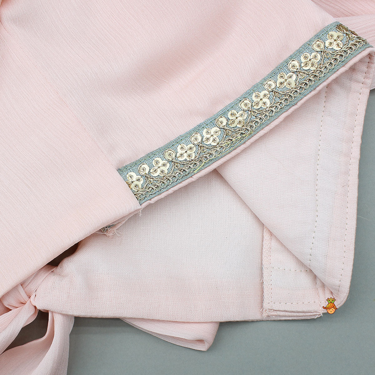 Peach Ruffle Sleeves Top With Shimmery Floral Lehenga And Attached Dupatta