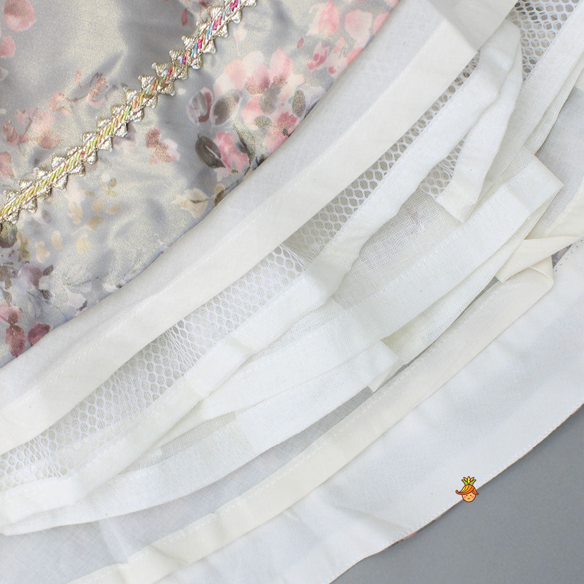 Peach Ruffle Sleeves Top With Shimmery Floral Lehenga And Attached Dupatta
