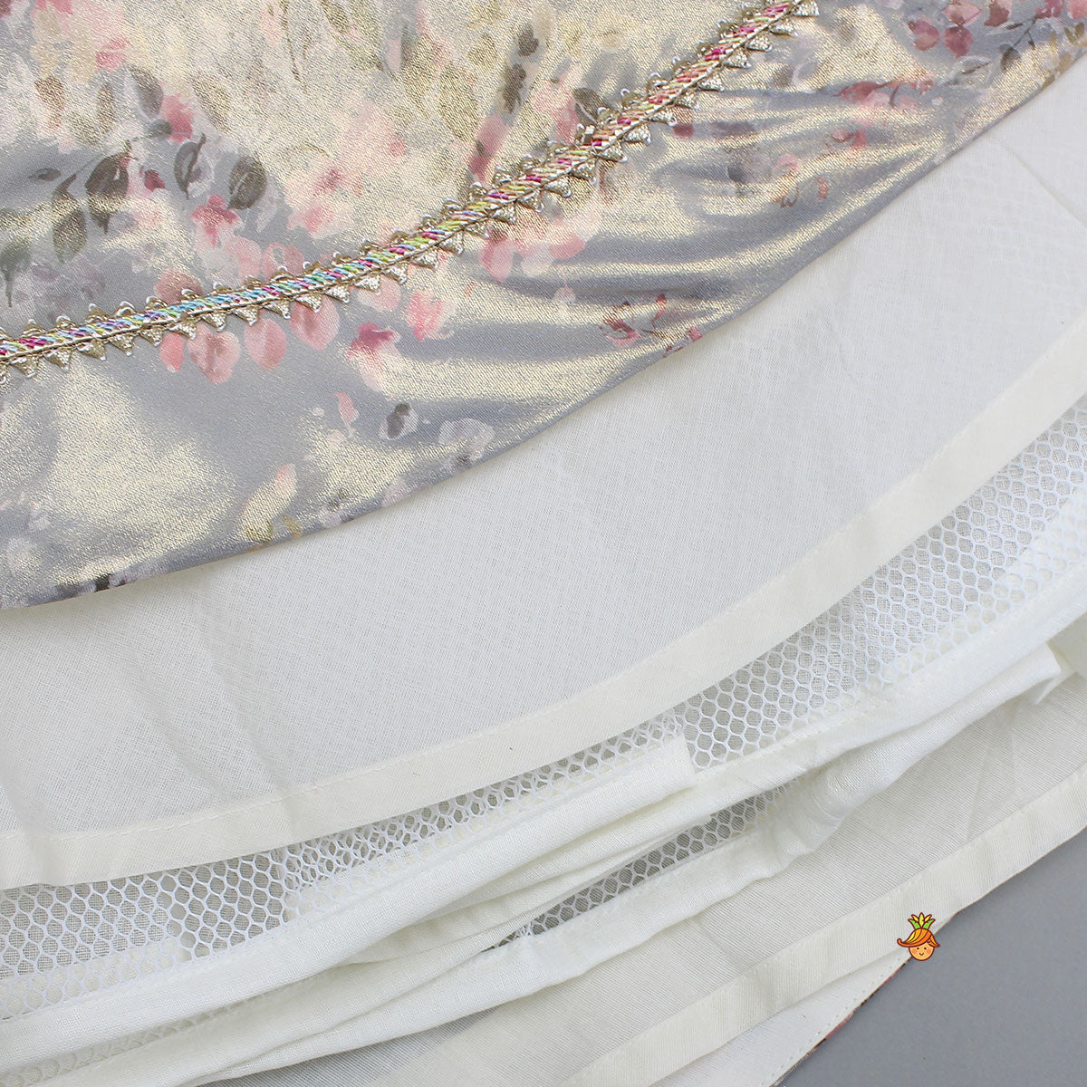 Peach Ruffle Sleeves Top With Shimmery Floral Lehenga And Attached Dupatta