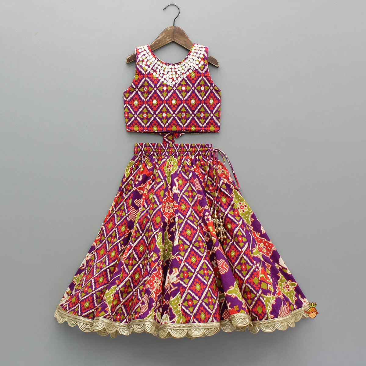 Ikat Printed Faux Mirror Embroidered Sleeveless Top With Lehenga