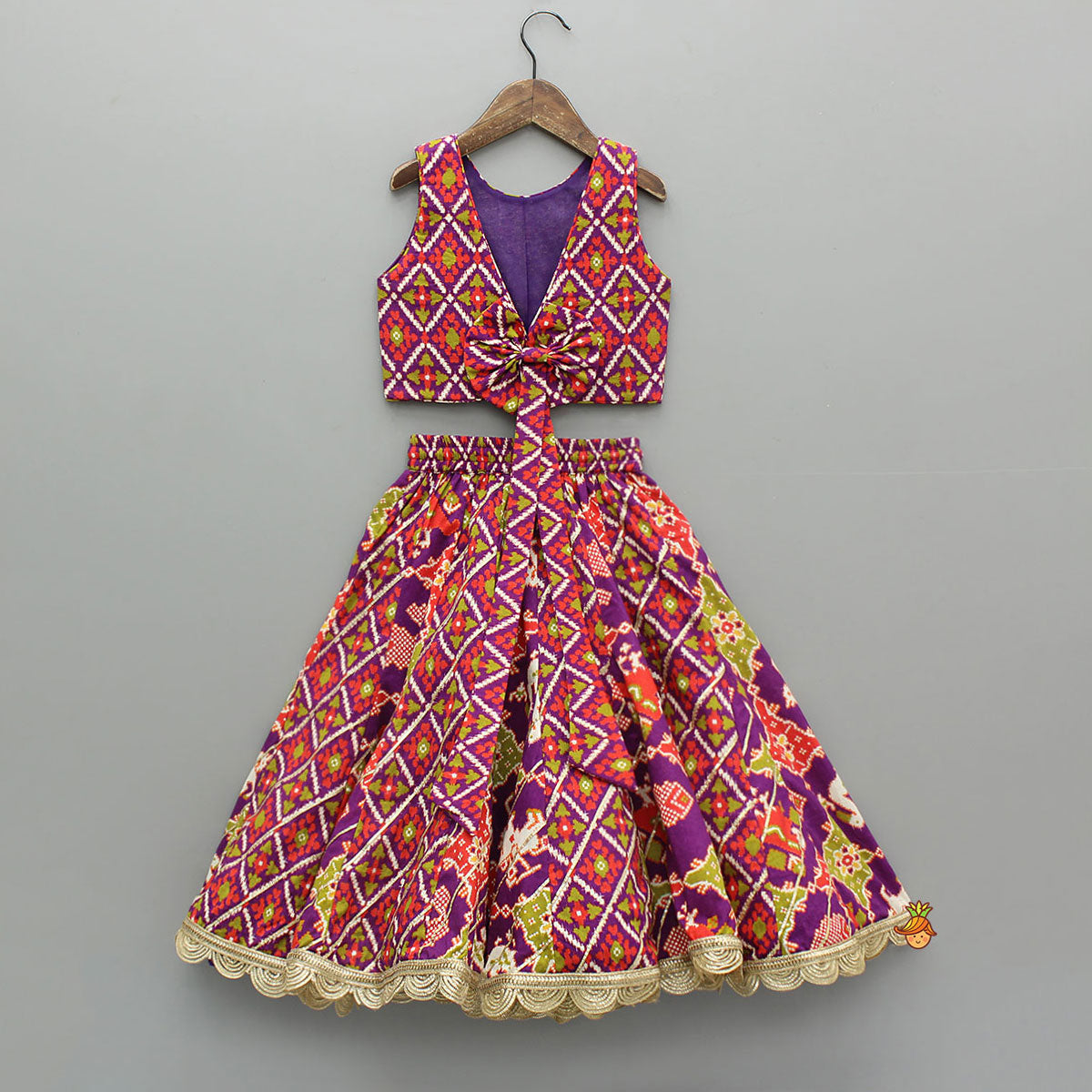 Ikat Printed Faux Mirror Embroidered Sleeveless Top With Lehenga