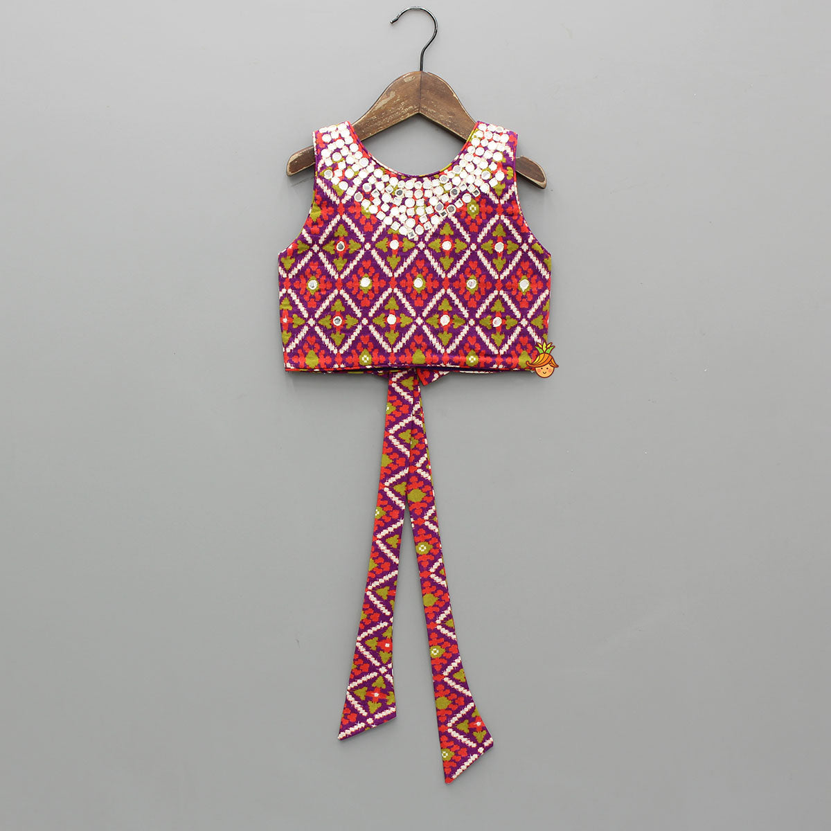 Ikat Printed Faux Mirror Embroidered Sleeveless Top With Lehenga