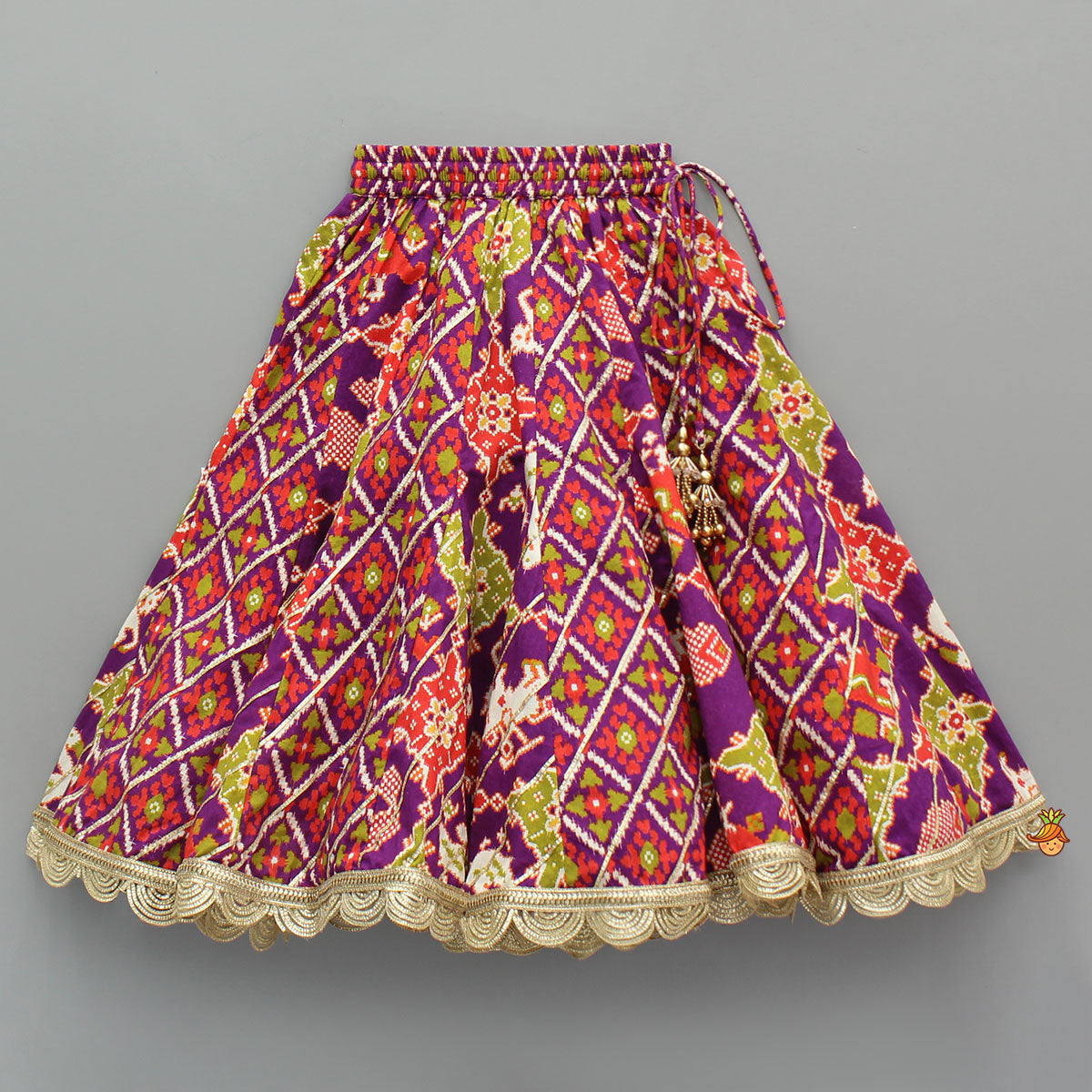 Ikat Printed Faux Mirror Embroidered Sleeveless Top With Lehenga