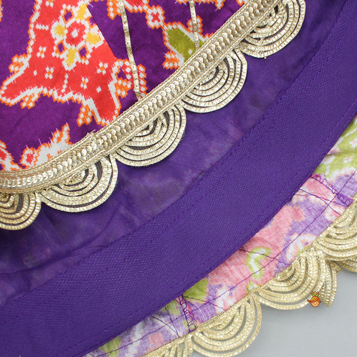 Ikat Printed Faux Mirror Embroidered Sleeveless Top With Lehenga