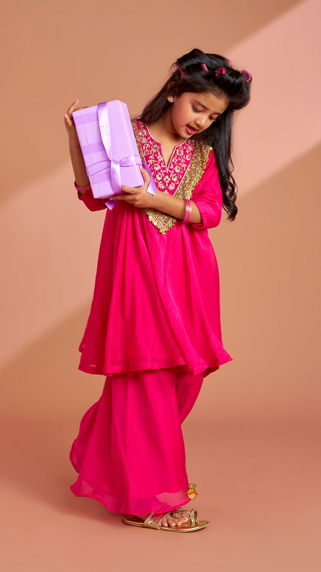 Pink Sequin Embellished Top With Flared Palazzo