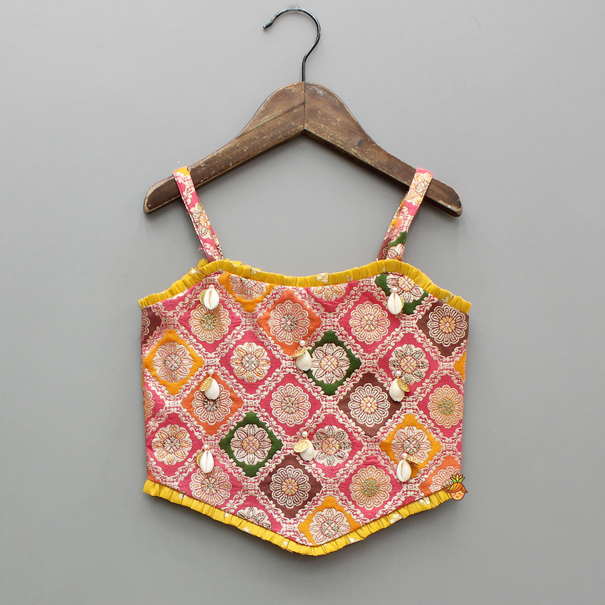 Multicolour Strappy Brocade Top With Panelled Lehenga And Dupatta