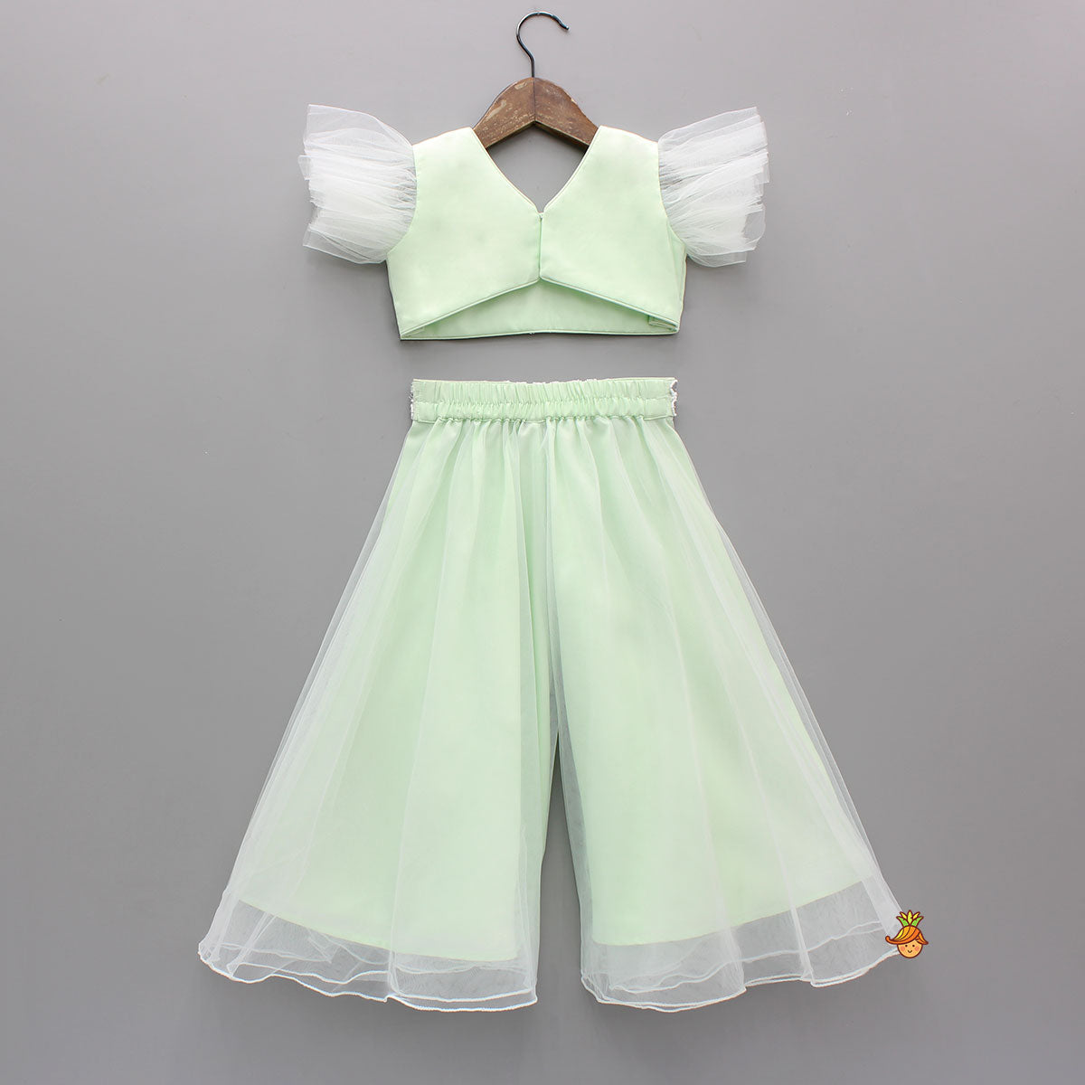Beautiful Green Faux Mirror Embroidered Top With Net Palazzo
