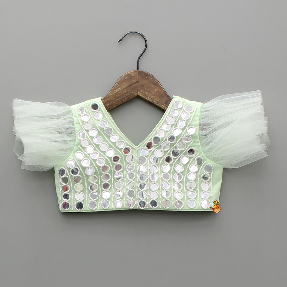 Beautiful Green Faux Mirror Embroidered Top With Net Palazzo