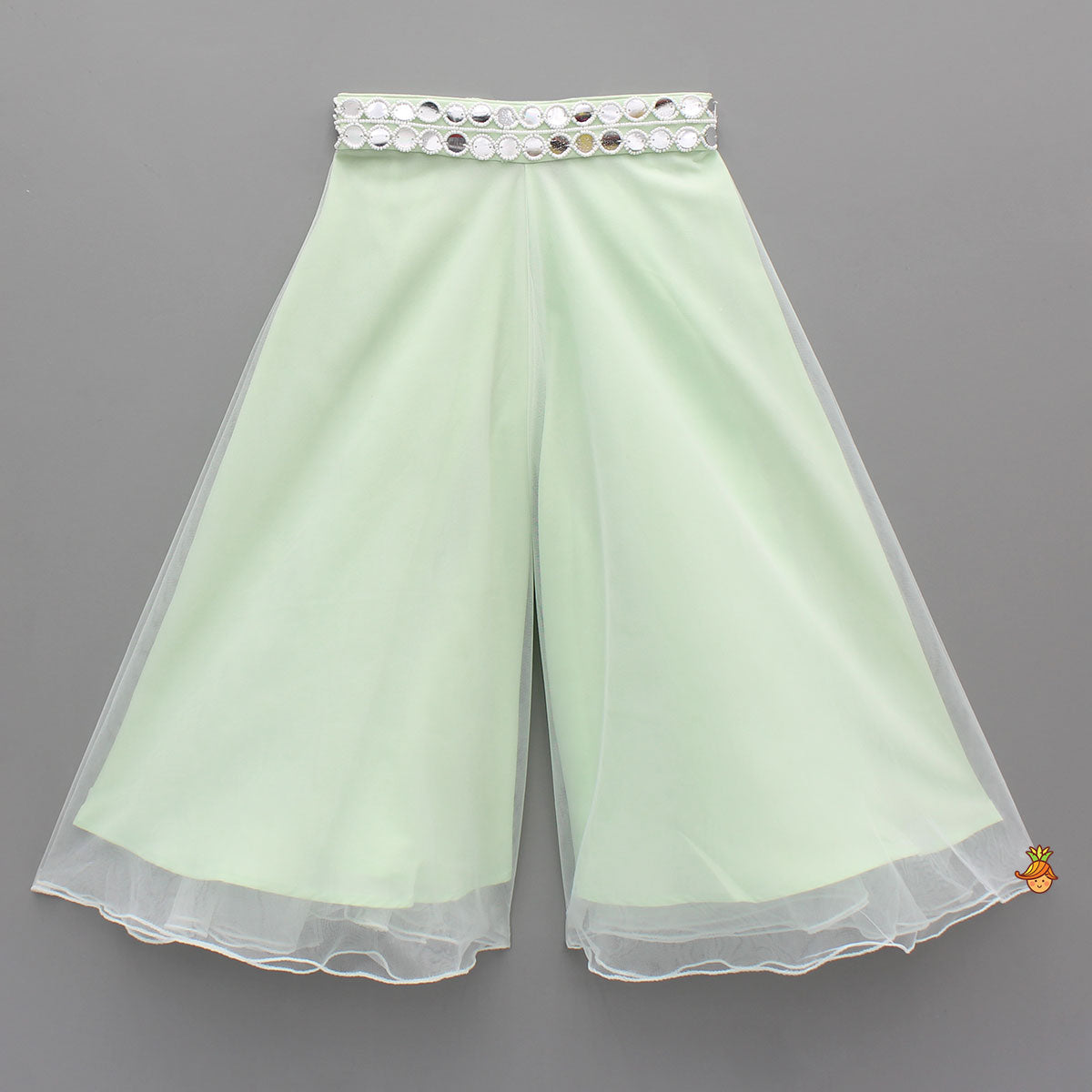 Beautiful Green Faux Mirror Embroidered Top With Net Palazzo