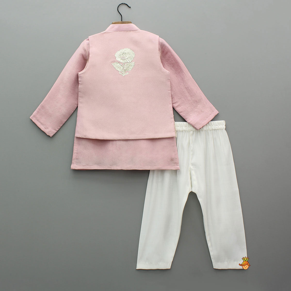 Shimmery Pink Kurta With Shimmery Front Open Hand Embroidered Jacket And Pyjama
