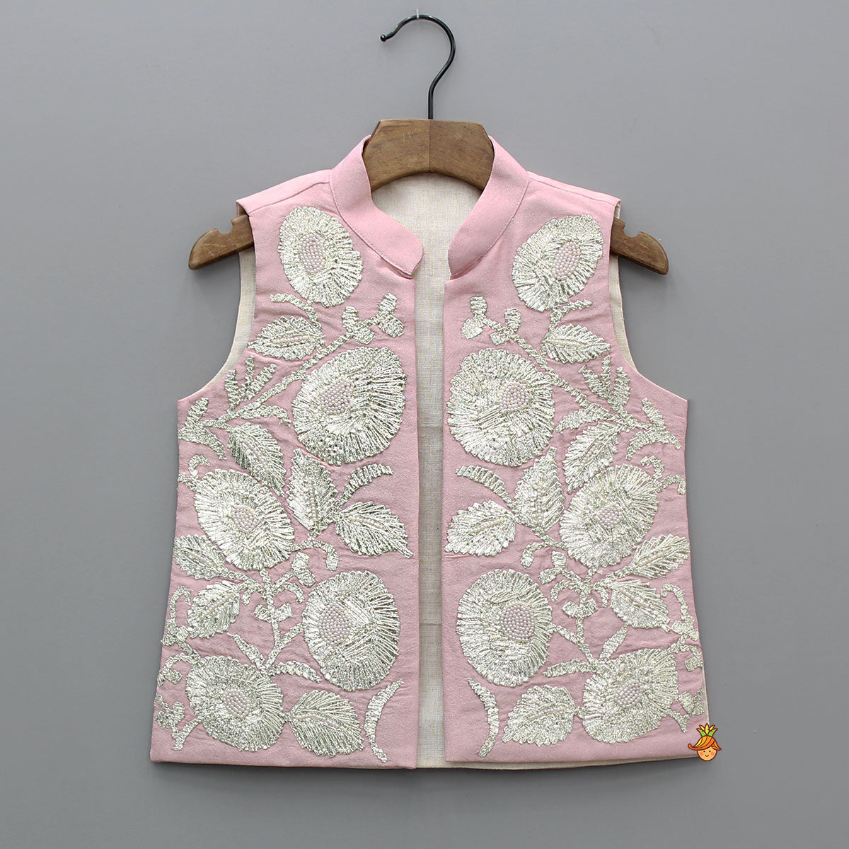 Shimmery Pink Kurta With Shimmery Front Open Hand Embroidered Jacket And Pyjama