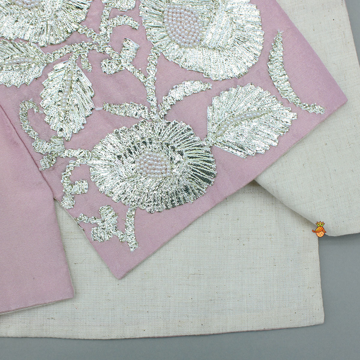 Shimmery Pink Kurta With Shimmery Front Open Hand Embroidered Jacket And Pyjama