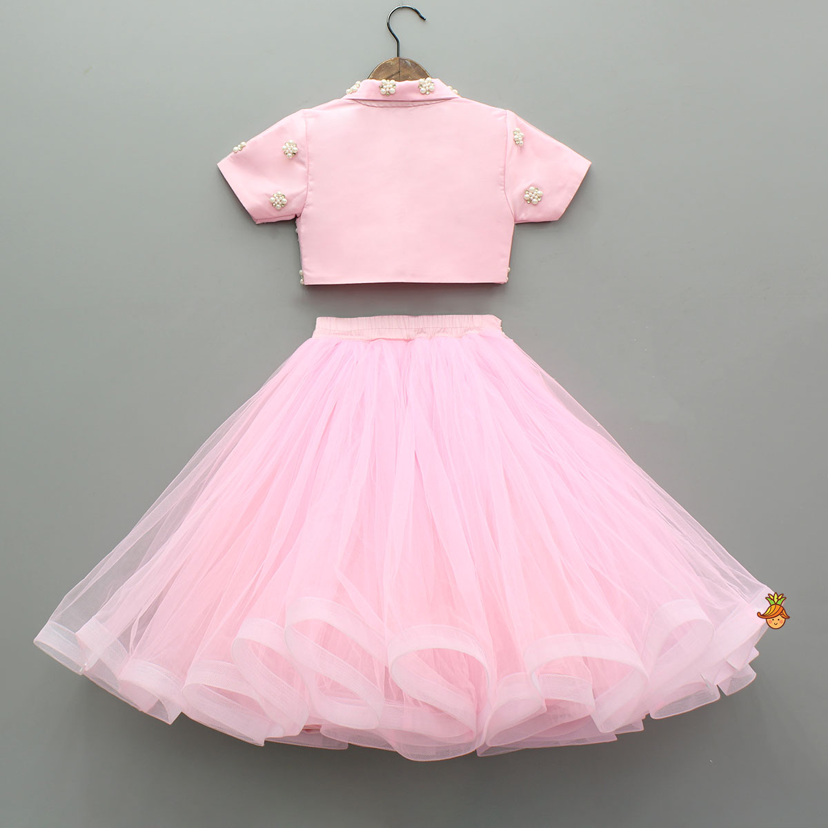 Stylish Pink Crop Blazer Style Top With Flared Lehenga