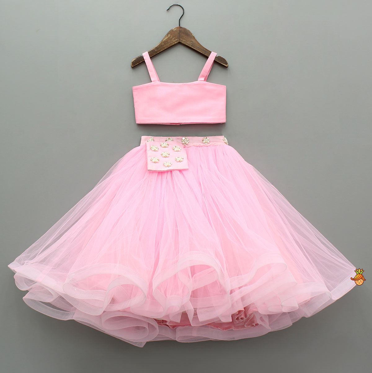 Stylish Pink Crop Blazer Style Top With Flared Lehenga