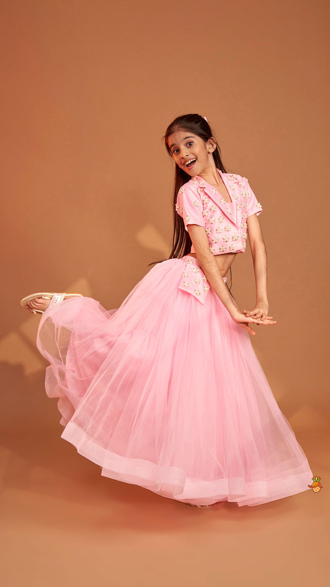 Stylish Pink Crop Blazer Style Top With Flared Lehenga