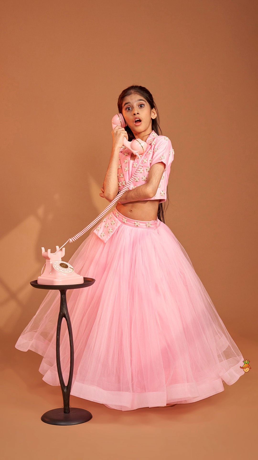 Stylish Pink Crop Blazer Style Top With Flared Lehenga