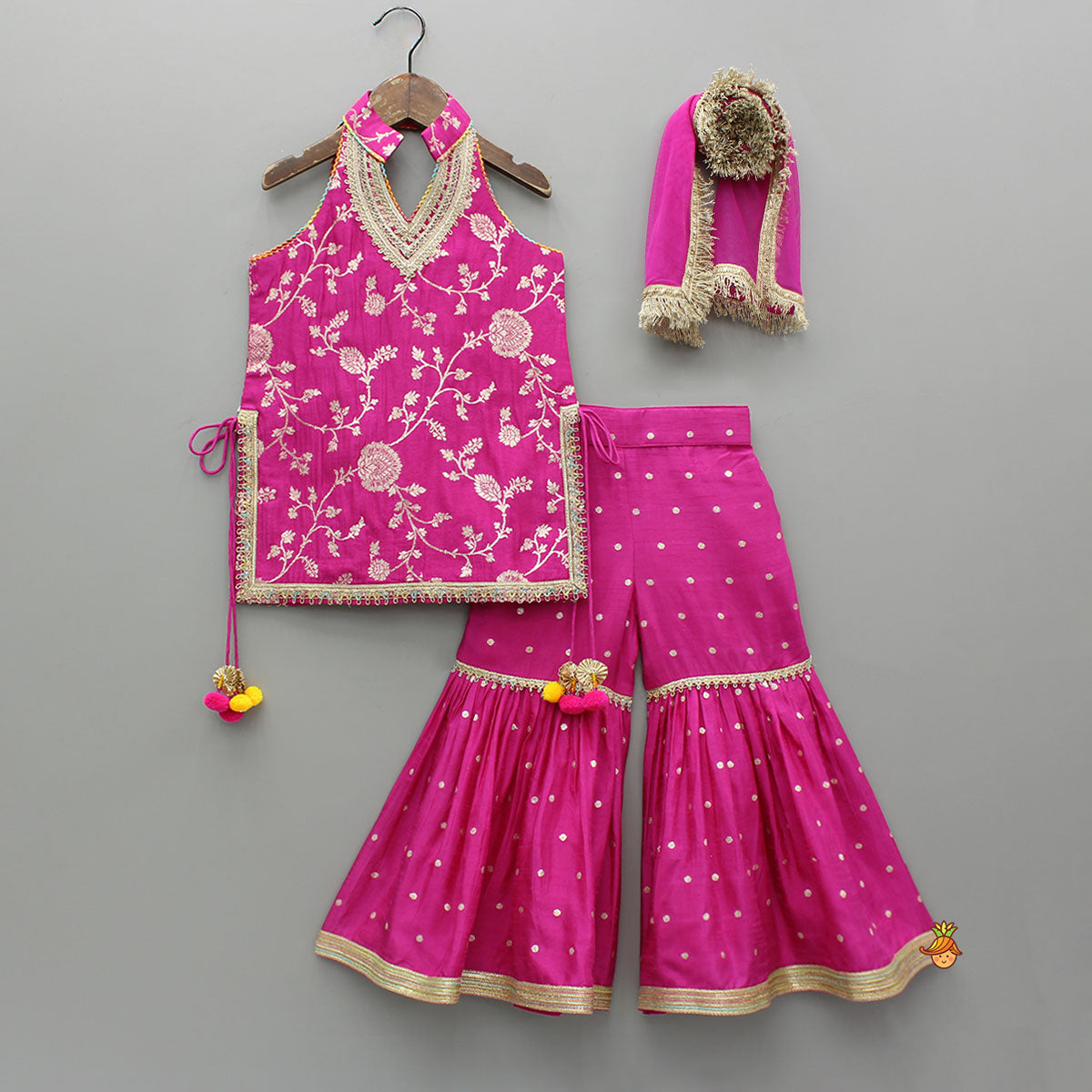 Gorgeous Pink Halter Neck Embroidered Kurti With Sharara And Dupatta