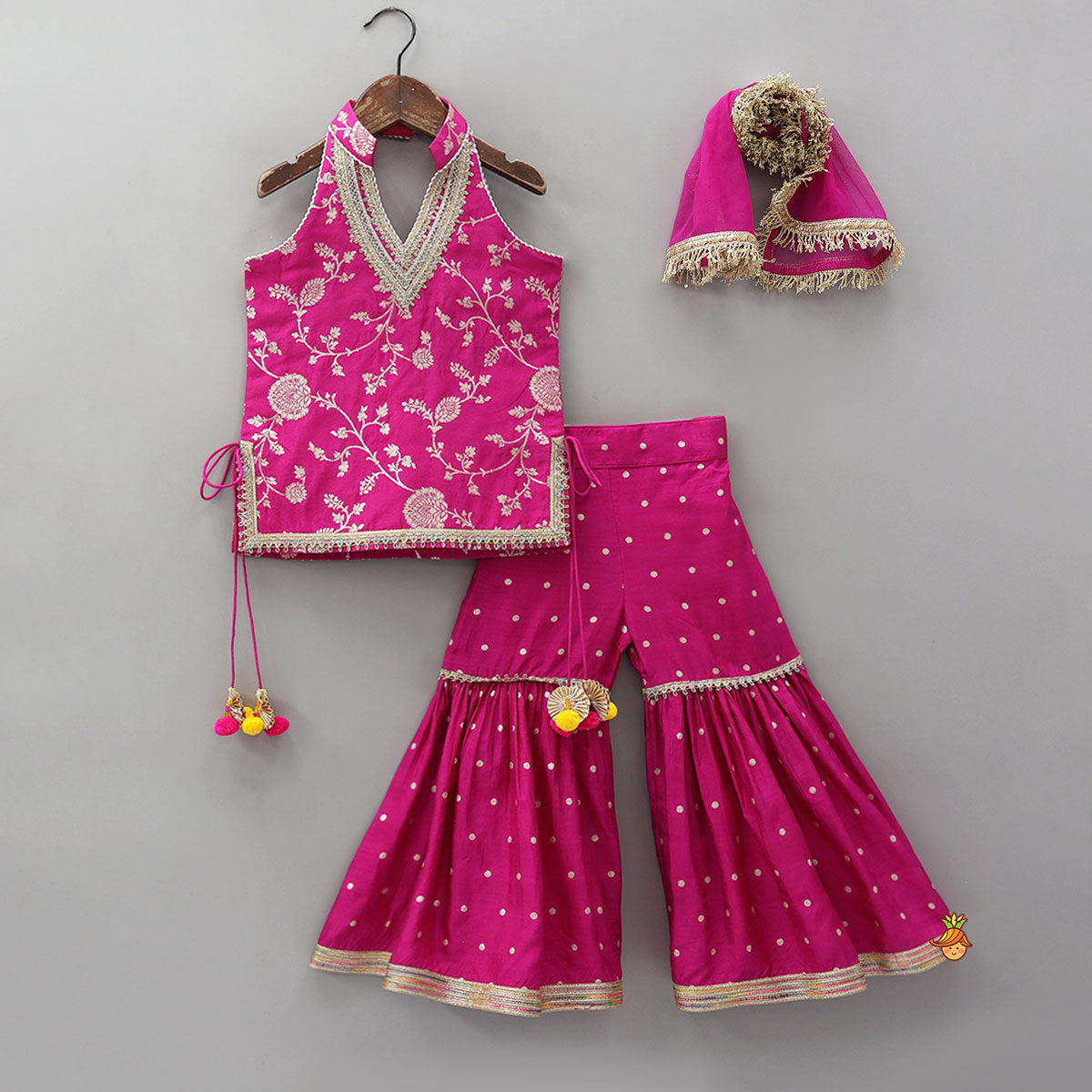Gorgeous Pink Halter Neck Embroidered Kurti With Sharara And Dupatta