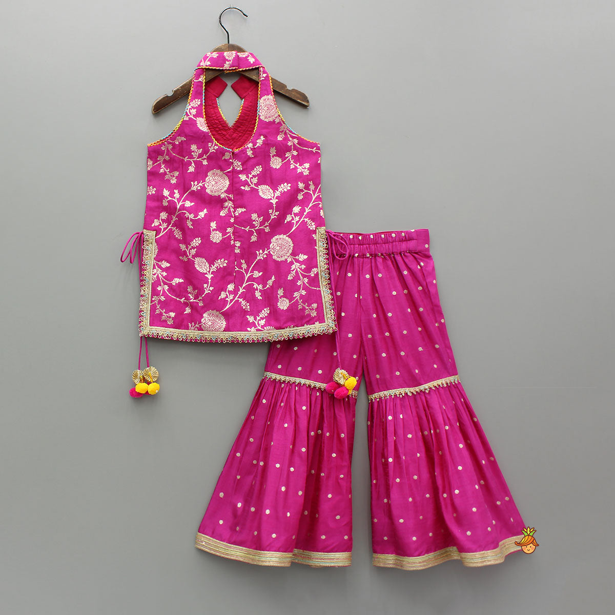Gorgeous Pink Halter Neck Embroidered Kurti With Sharara And Dupatta