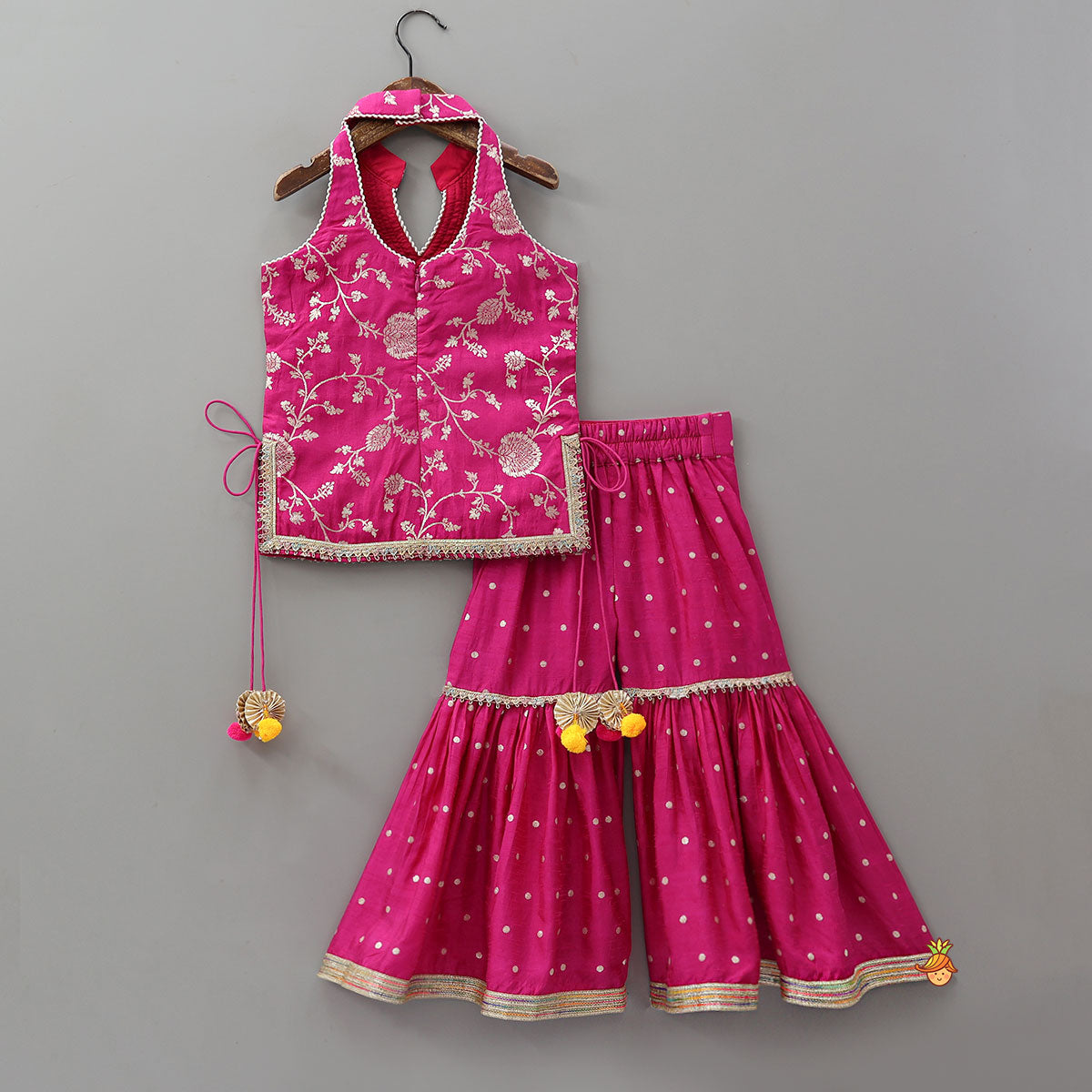 Gorgeous Pink Halter Neck Embroidered Kurti With Sharara And Dupatta