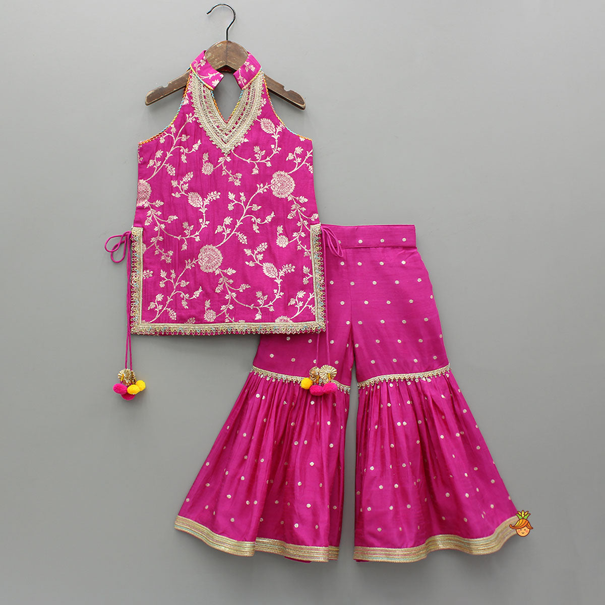 Gorgeous Pink Halter Neck Embroidered Kurti With Sharara And Dupatta