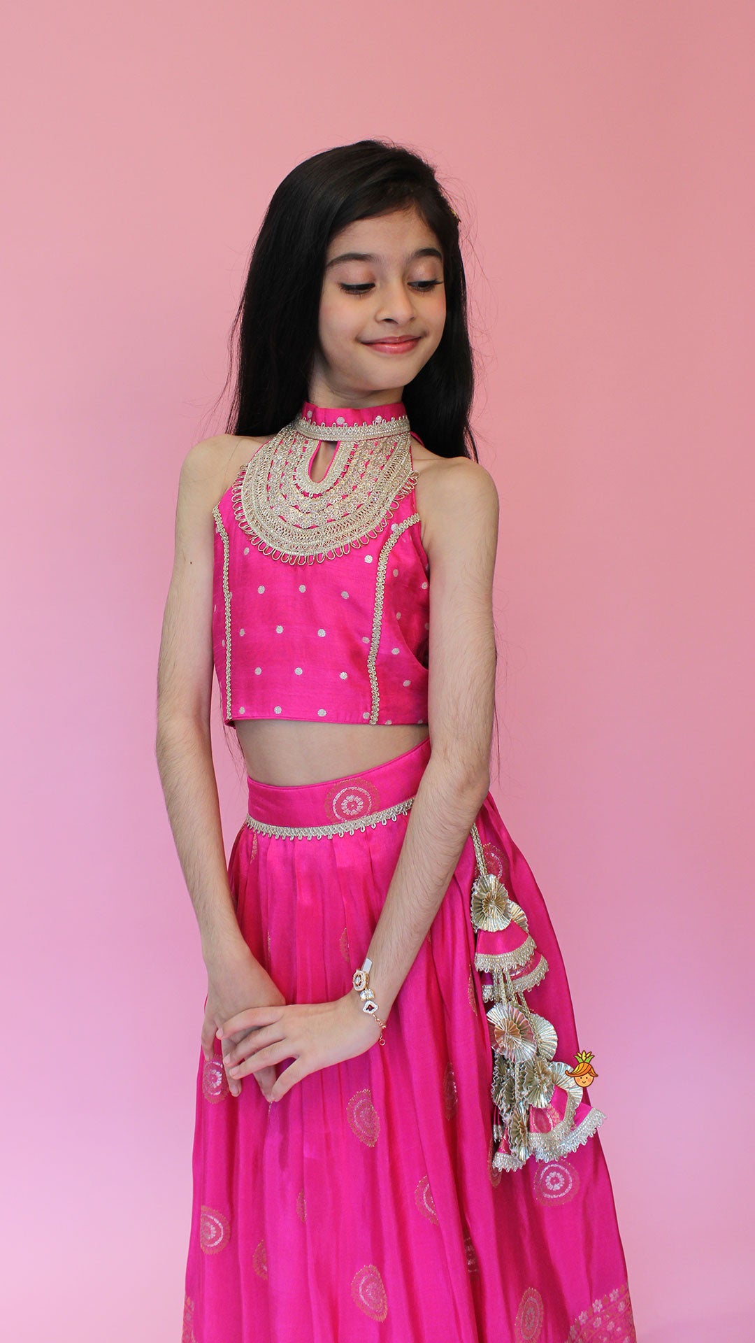 Beautiful Pink Embroidered Halter Neck Top With Lehenga And Dupatta With Potli Bag