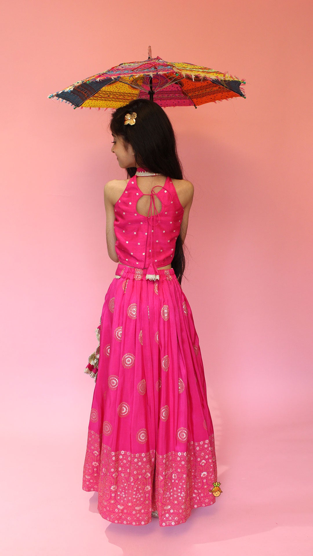 Beautiful Pink Embroidered Halter Neck Top With Lehenga And Dupatta With Potli Bag