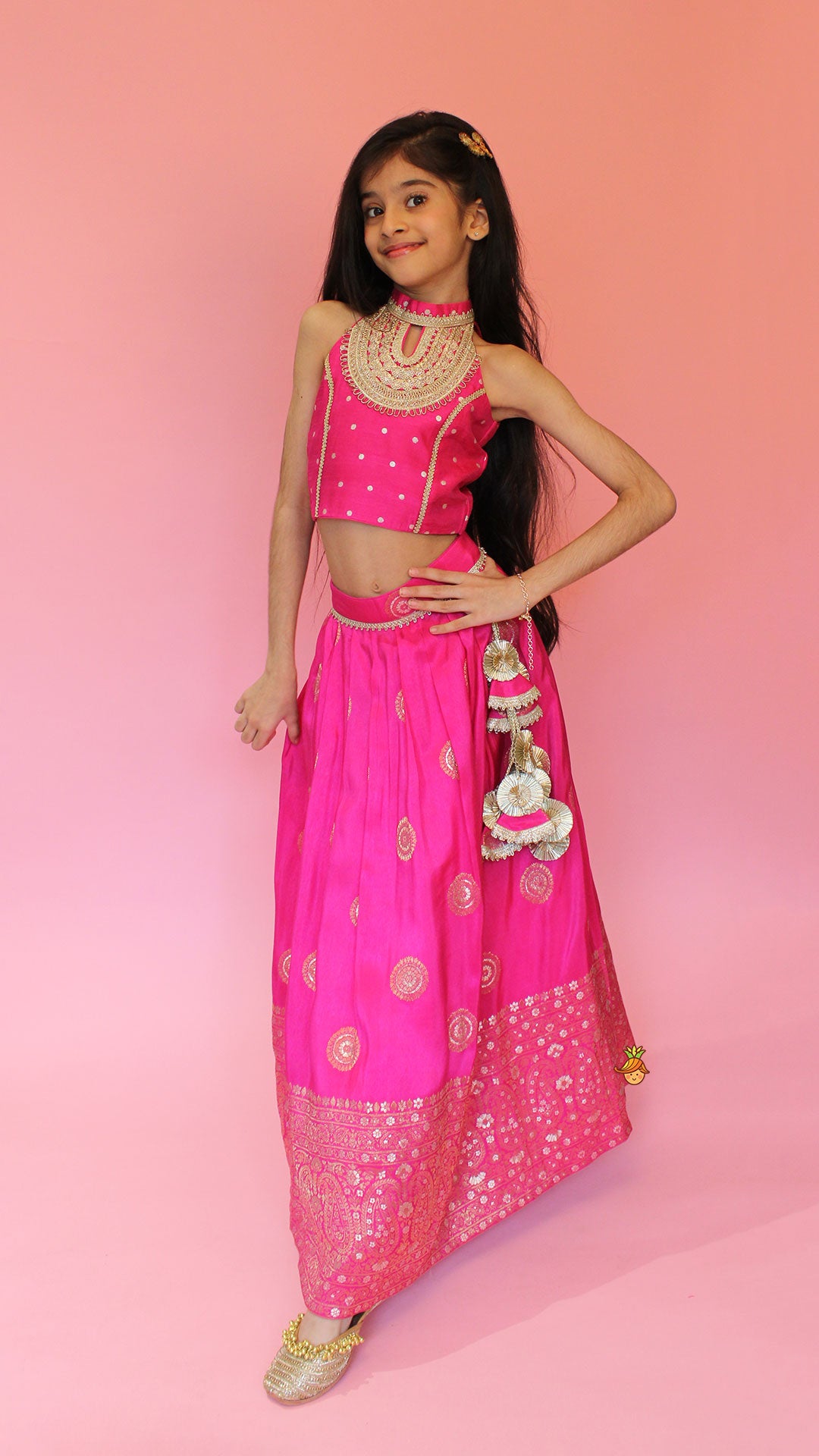 Beautiful Pink Embroidered Halter Neck Top With Lehenga And Dupatta With Potli Bag