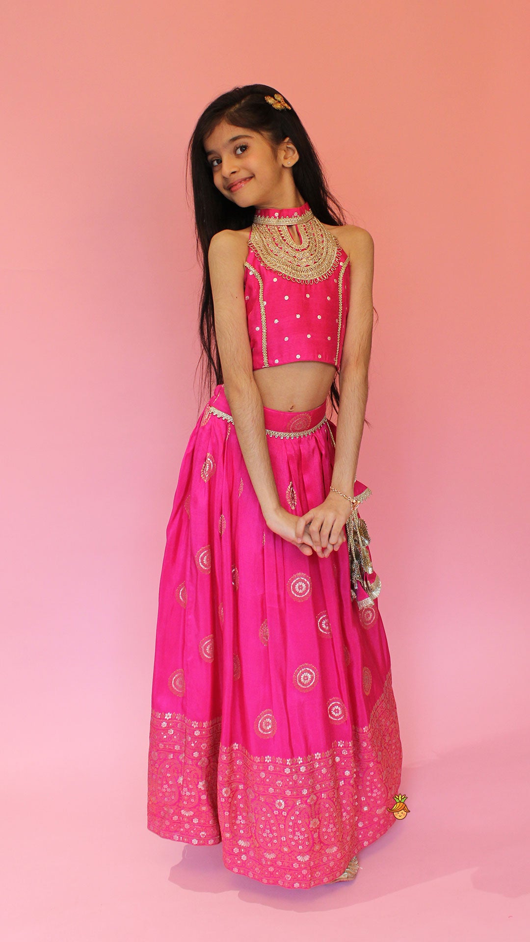 Beautiful Pink Embroidered Halter Neck Top With Lehenga And Dupatta With Potli Bag