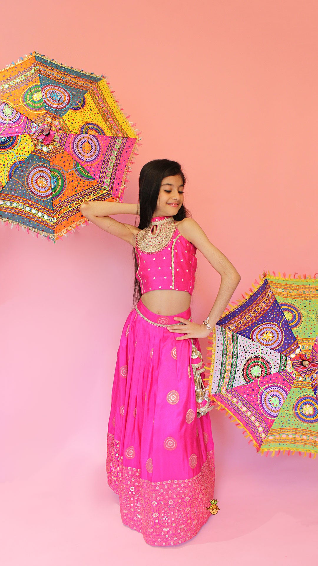 Beautiful Pink Embroidered Halter Neck Top With Lehenga And Dupatta With Potli Bag