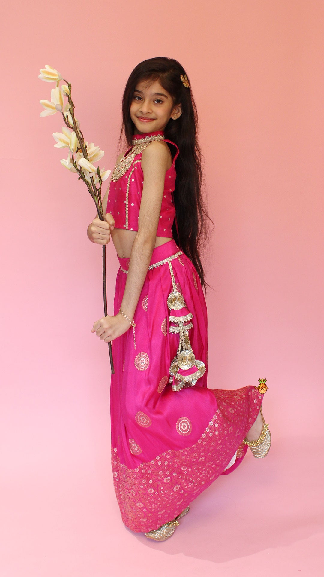 Beautiful Pink Embroidered Halter Neck Top With Lehenga And Dupatta With Potli Bag