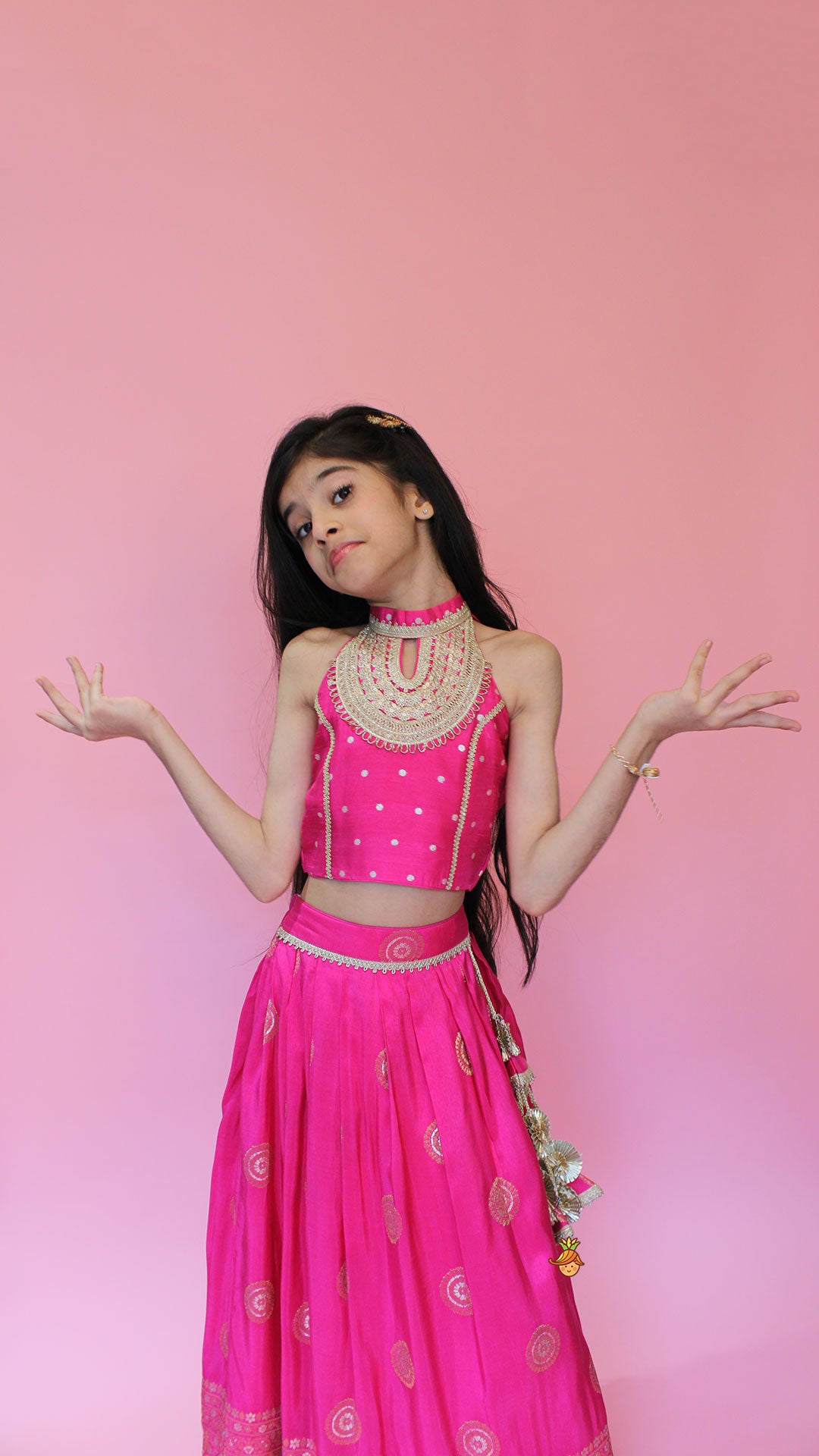 Beautiful Pink Embroidered Halter Neck Top With Lehenga And Dupatta With Potli Bag