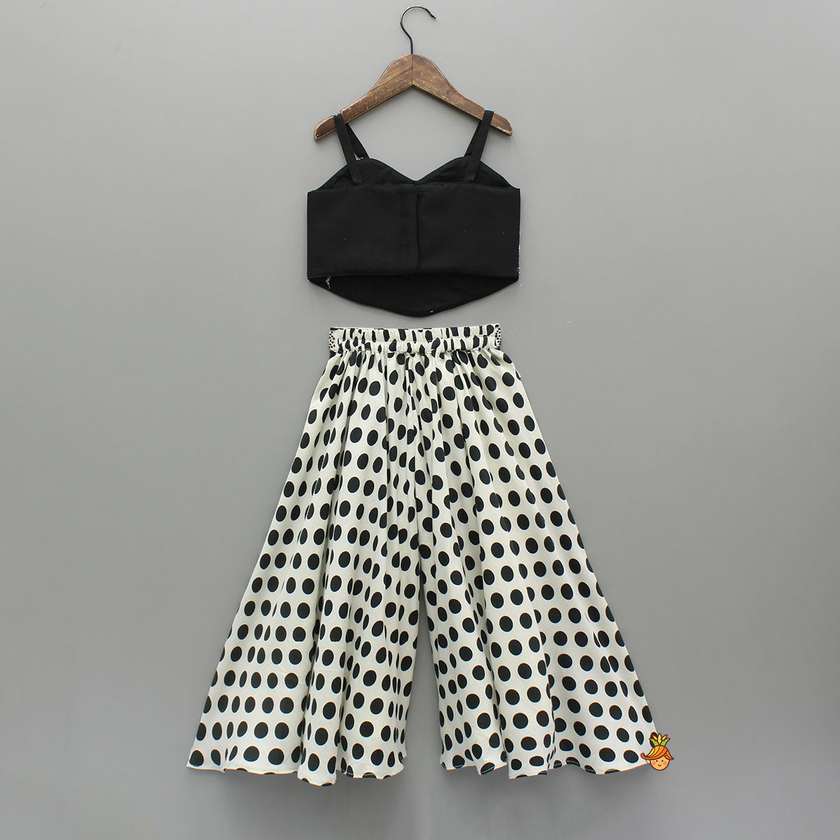 Black Hand Embroidered Top With Polka Dot Palazzo