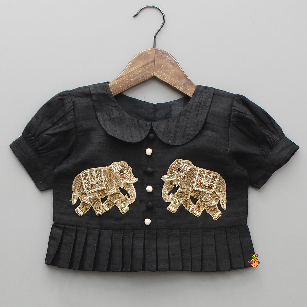 Elegant Elephant Embroidered Black Top With Silk Lehenga