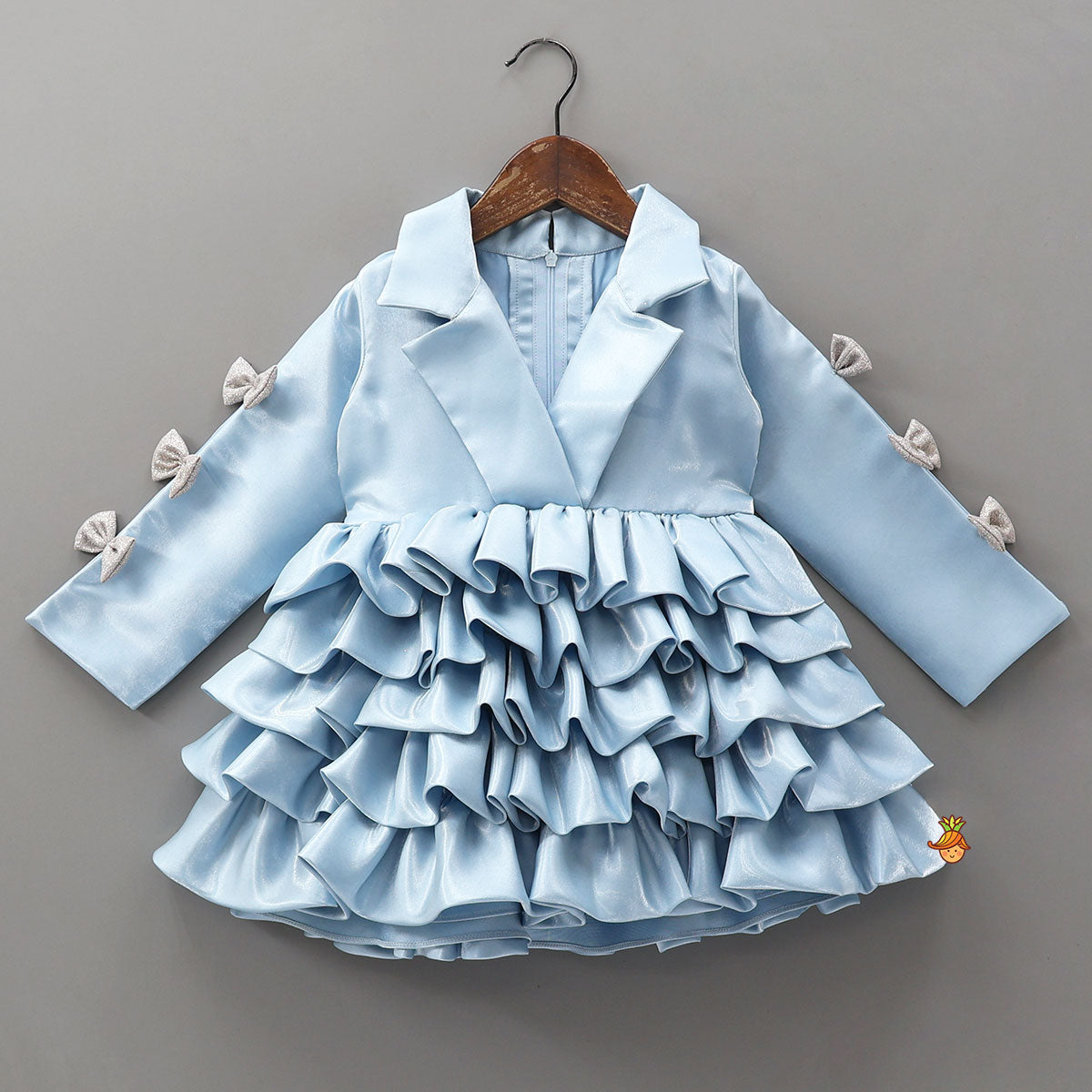 Gorgeous Sheen Collar Neck Bow Adorned Layered Ruffle Dress
