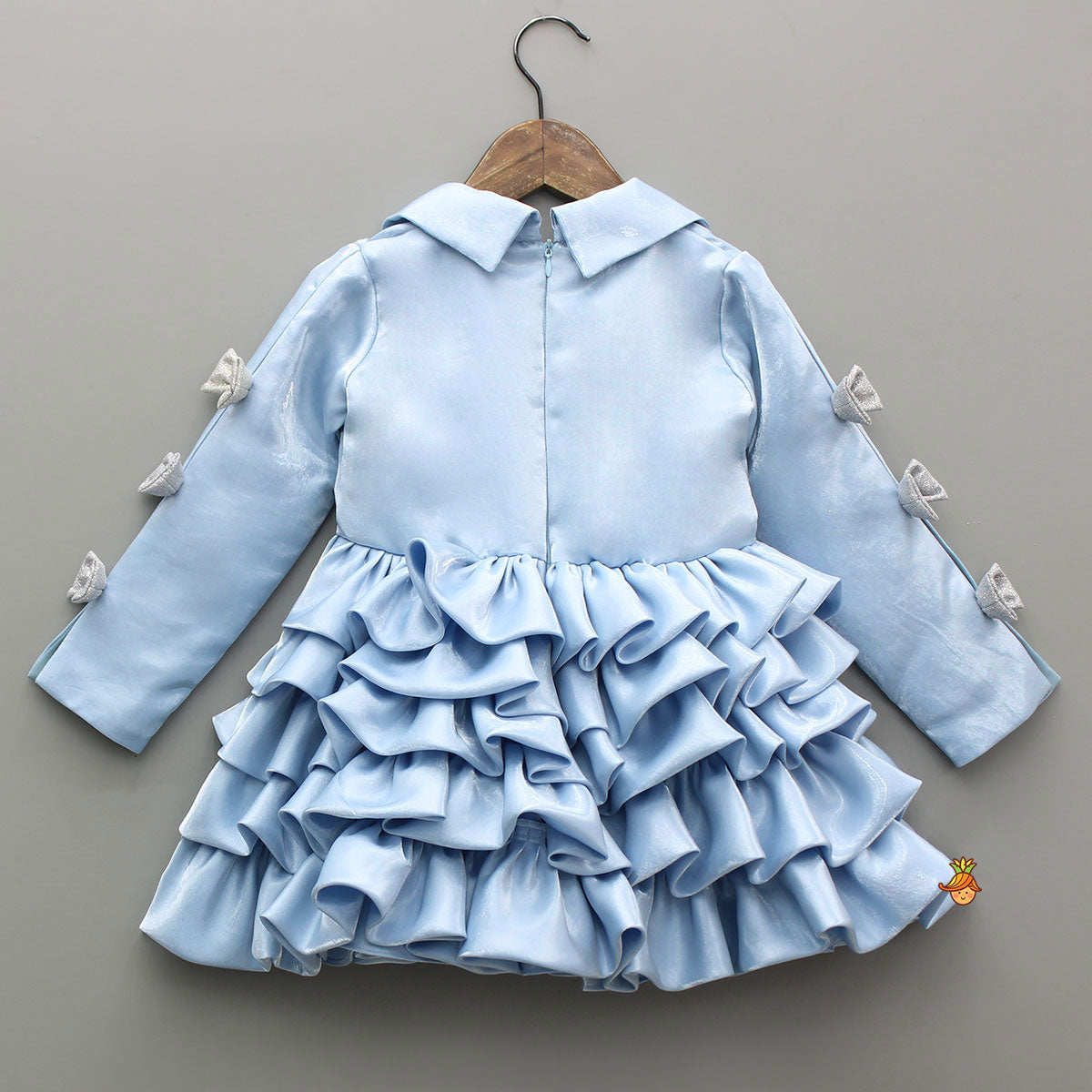 Gorgeous Sheen Collar Neck Bow Adorned Layered Ruffle Dress