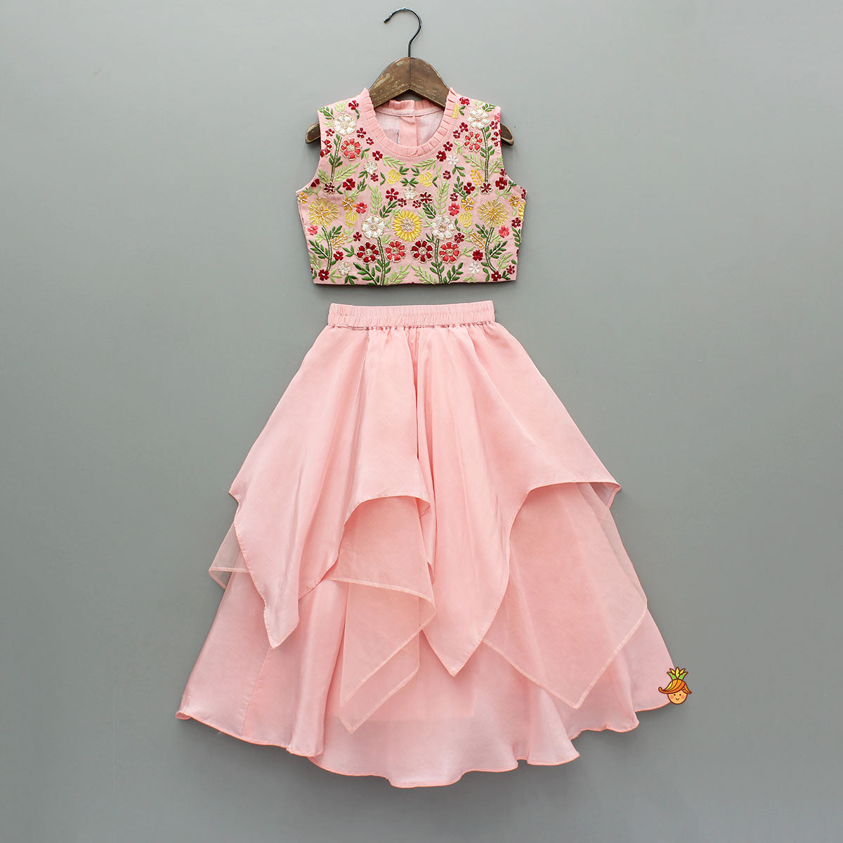 Beautiful Floral Embroidered Top With Asymmetrically Layered Lehenga