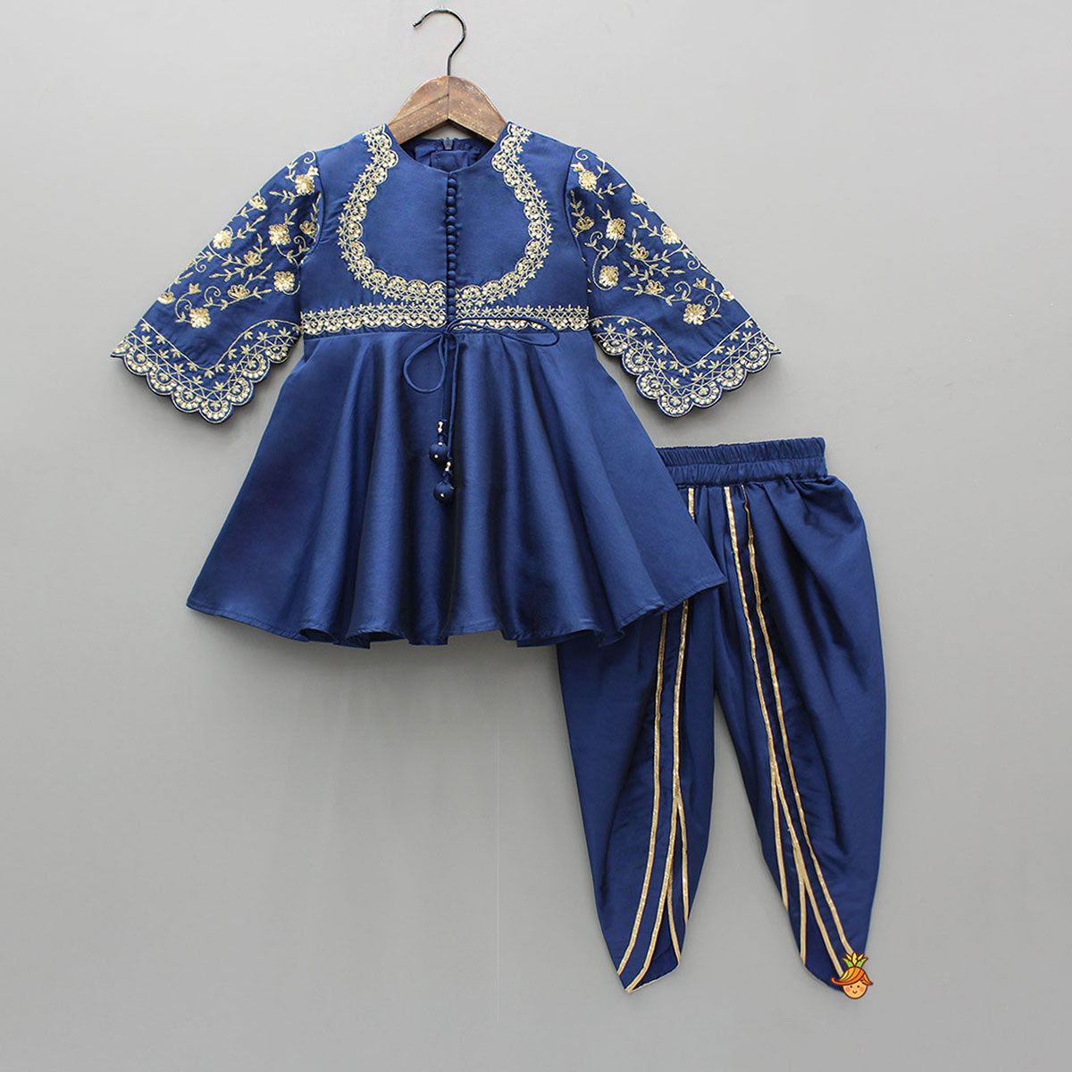 Elegant Navy Blue Embroidered Kurti And Tulip Dhoti With Dupatta