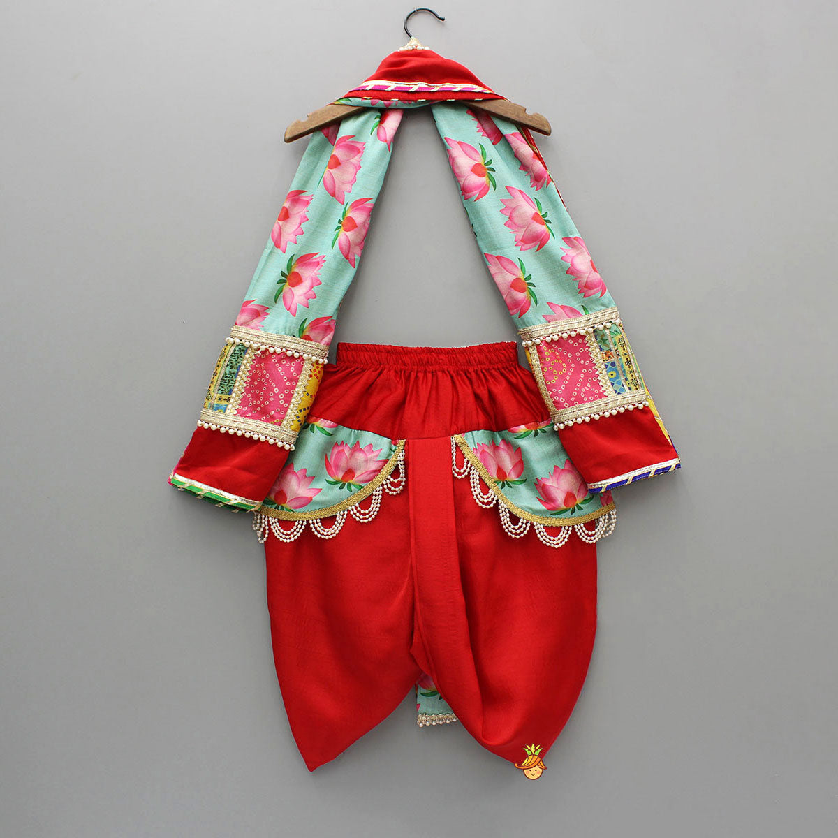 Festive Red Dhoti With Printed Shawl And Mor Pankh-Embellished Headband