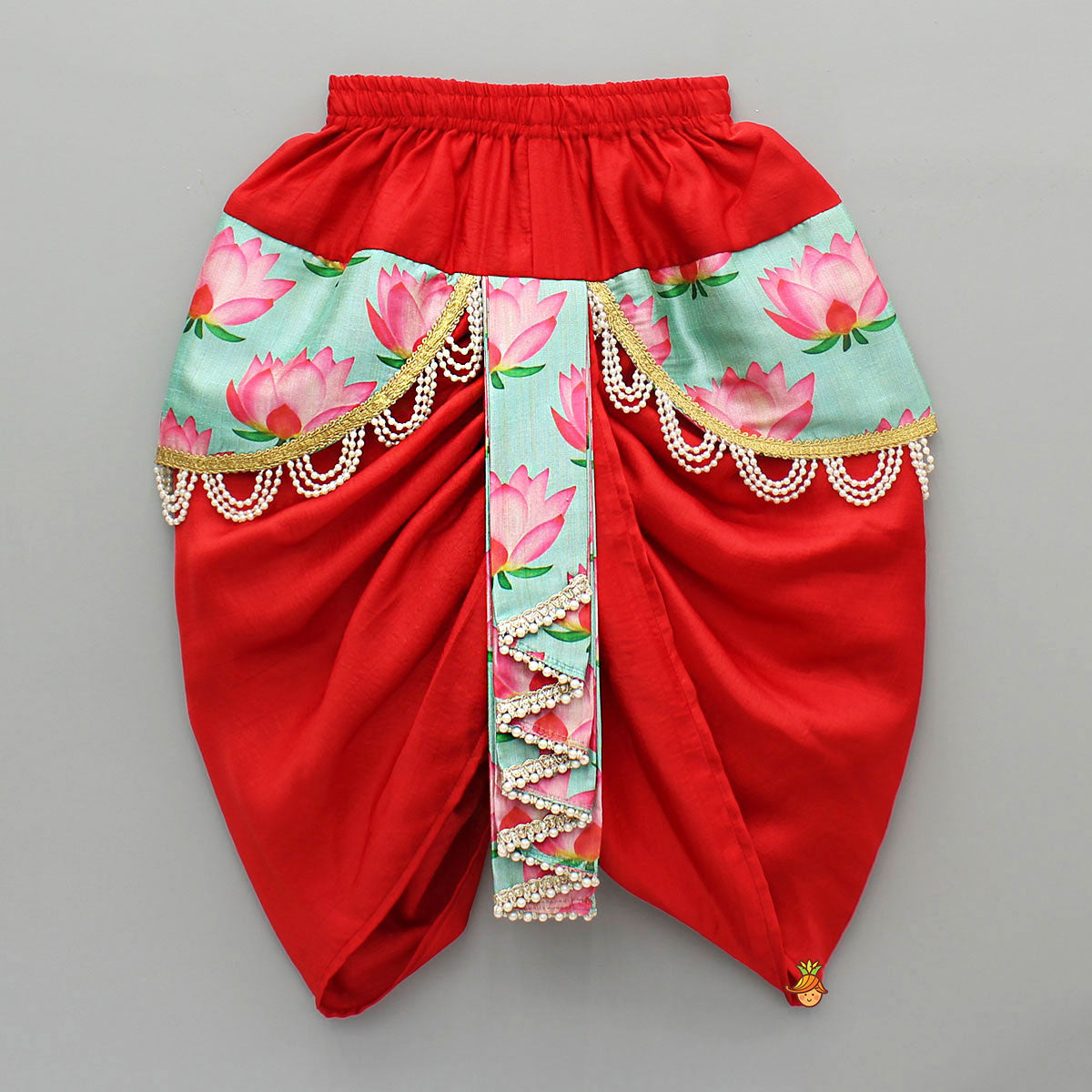 Festive Red Dhoti With Printed Shawl And Mor Pankh-Embellished Headband