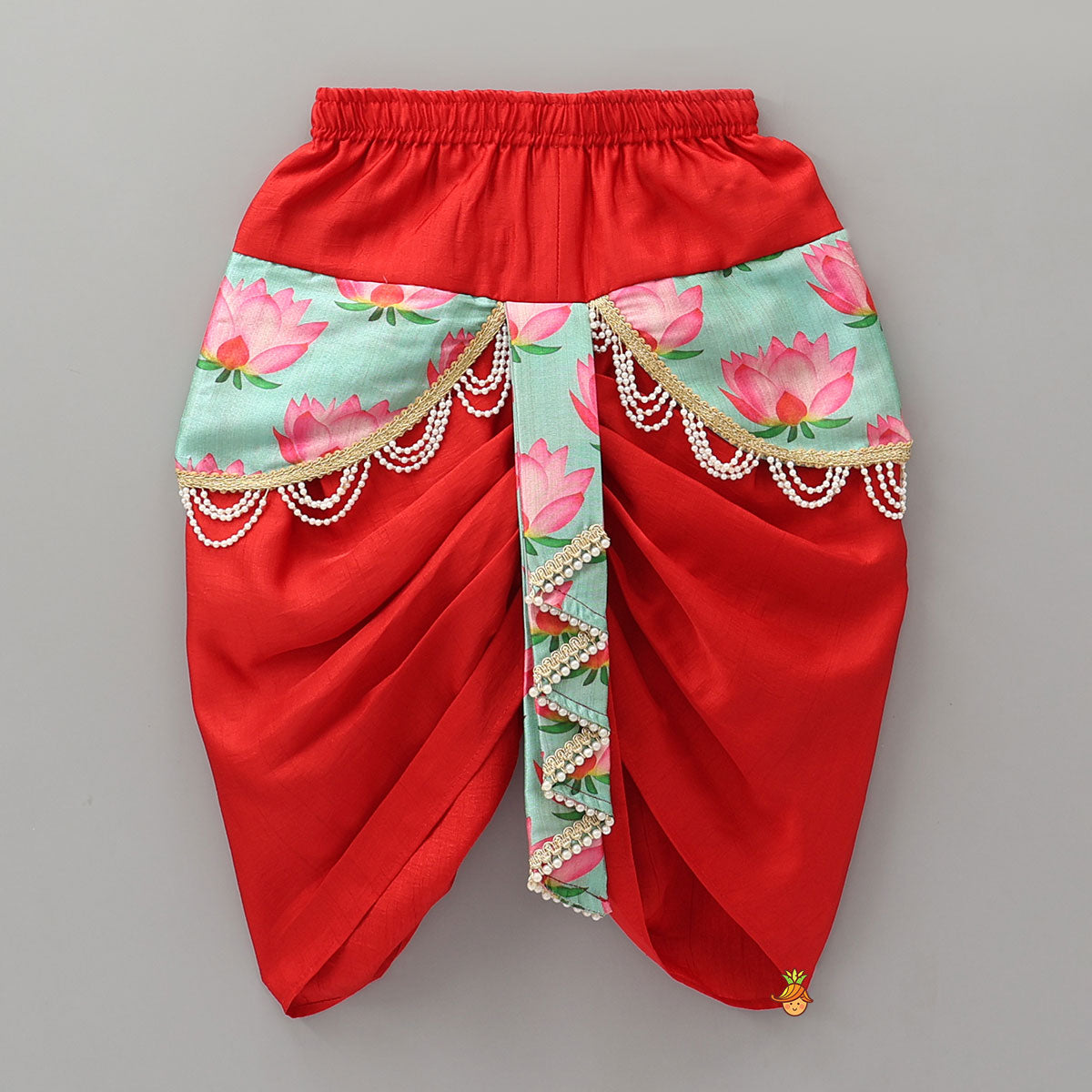 Festive Red Dhoti With Printed Shawl And Mor Pankh-Embellished Headband