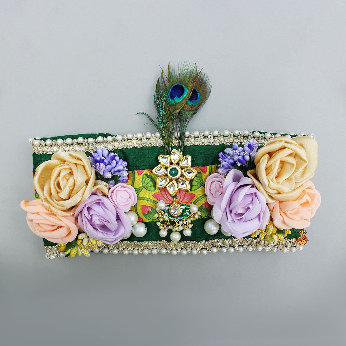 Floral Flap Enhanced Green Dhoti With Shawl And Mor Pankh Headband