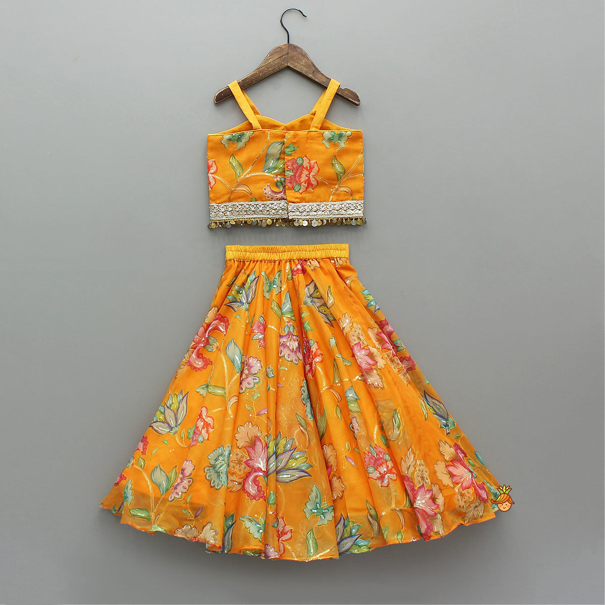 Stylish Floral Embellished Strappy Top And Floral Lehenga With Dupatta