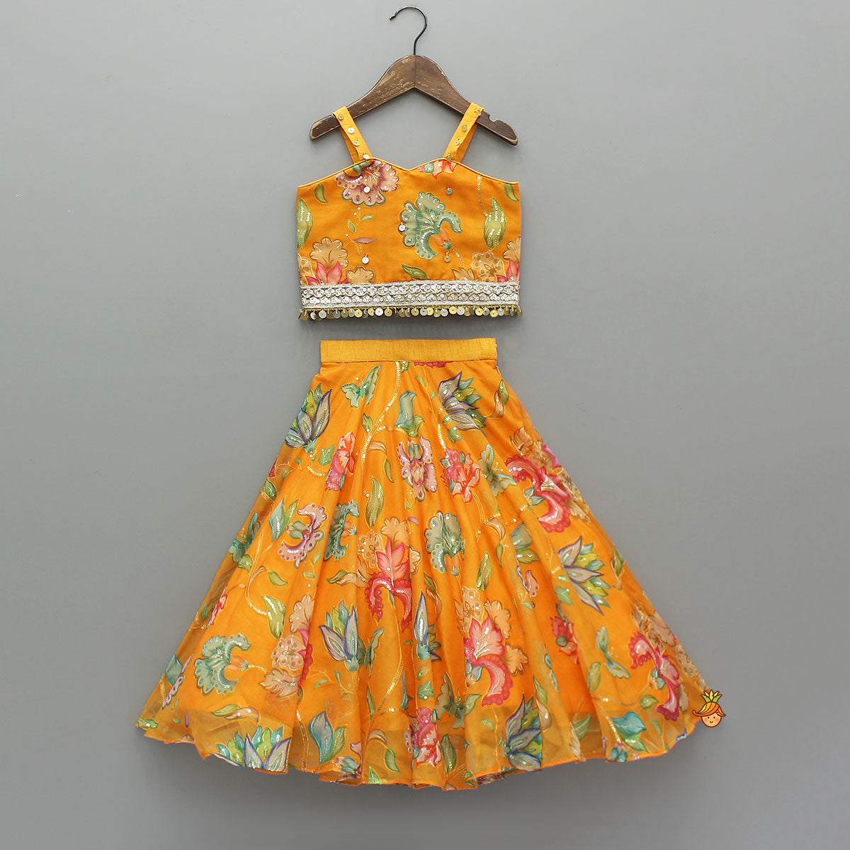 Stylish Floral Embellished Strappy Top And Floral Lehenga With Dupatta