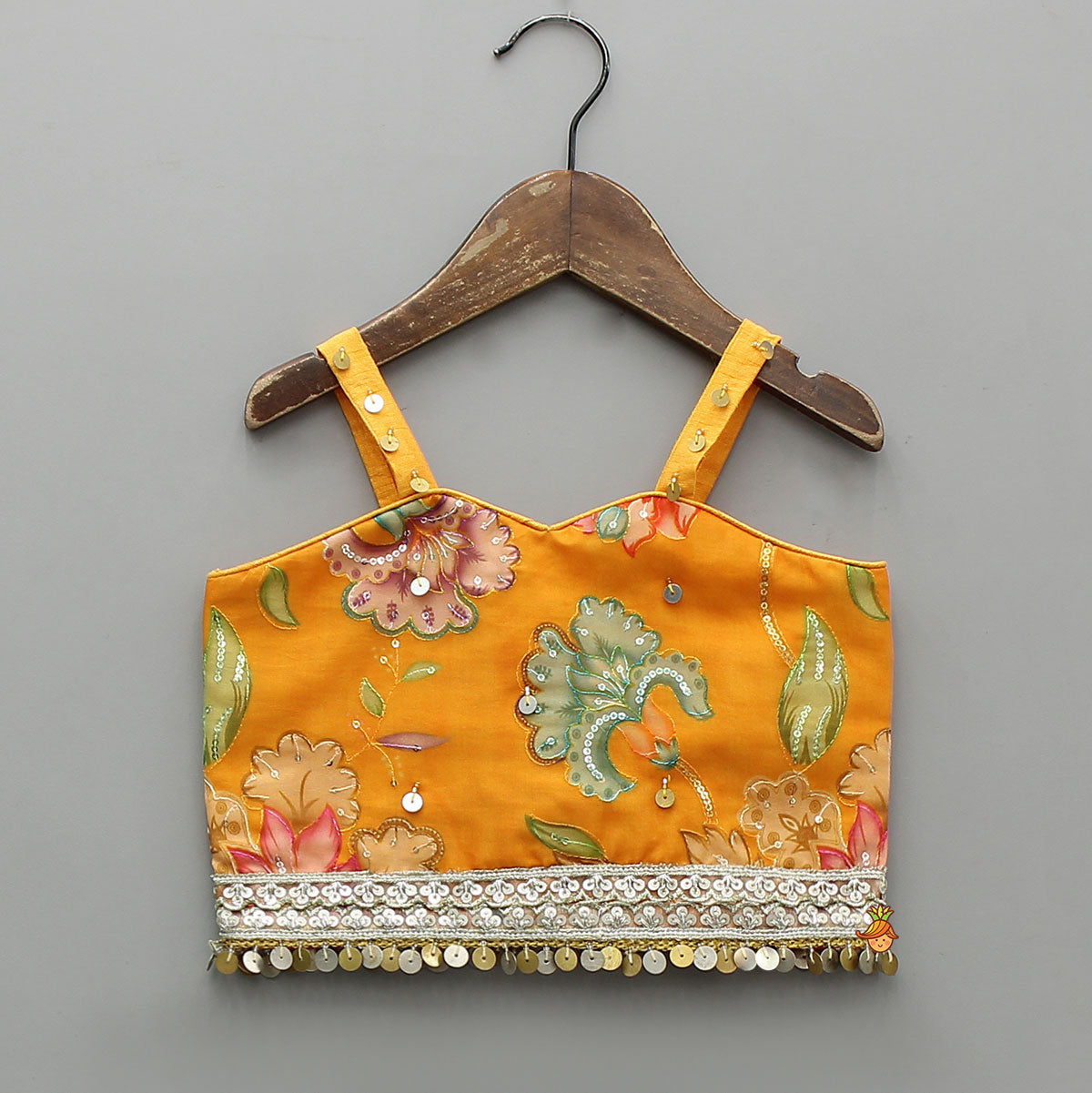 Stylish Floral Embellished Strappy Top And Floral Lehenga With Dupatta