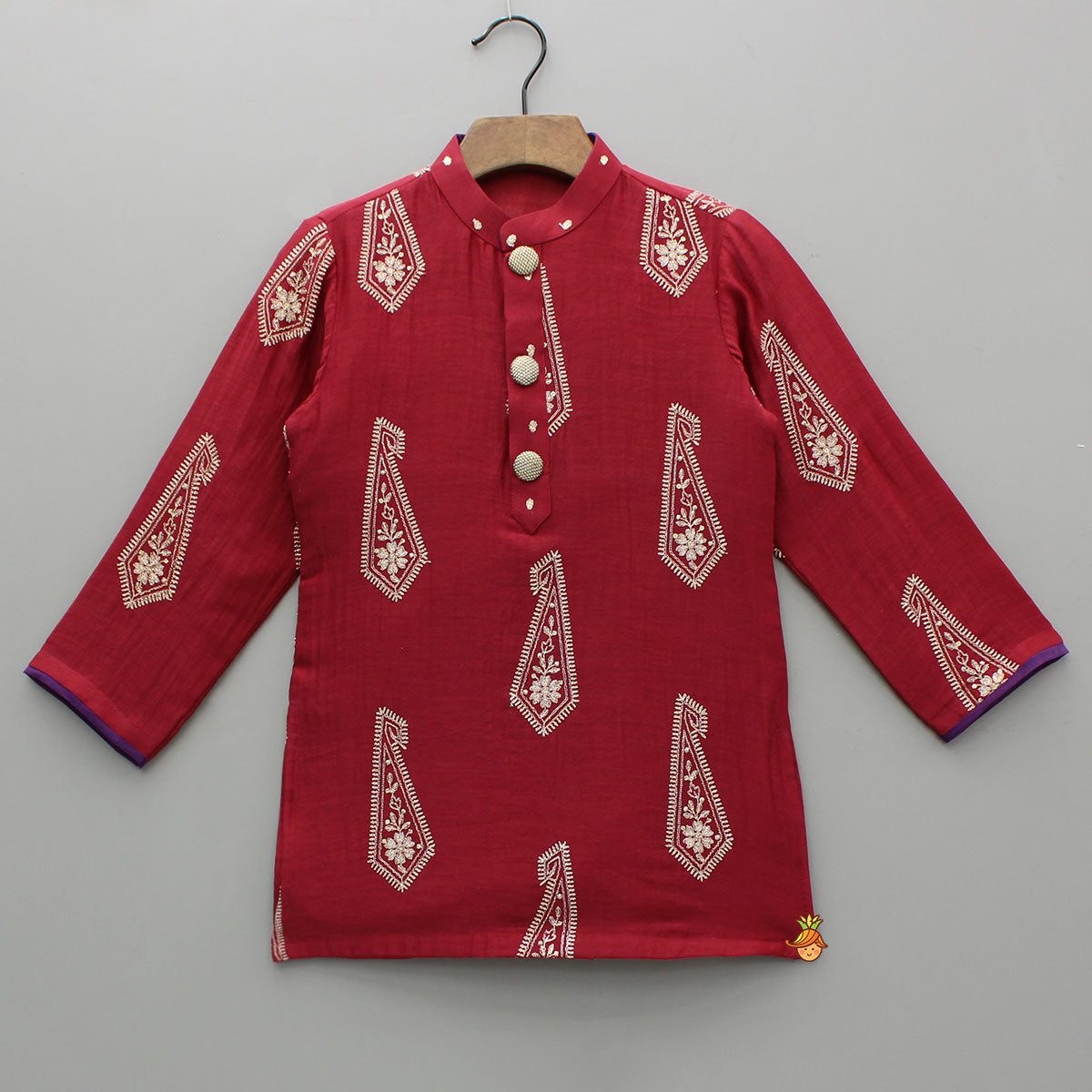 Red Embroidered Kurta With White Pyjama