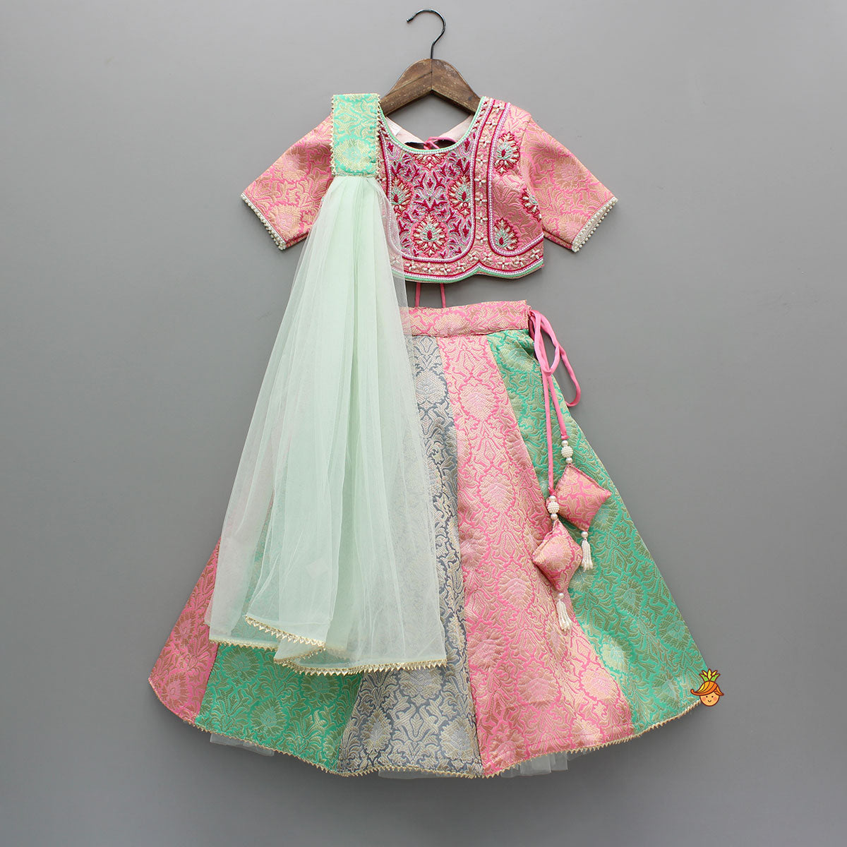 Brocade Pink Top With Multicoloured Brocade Panel Lehenga And Dupatta